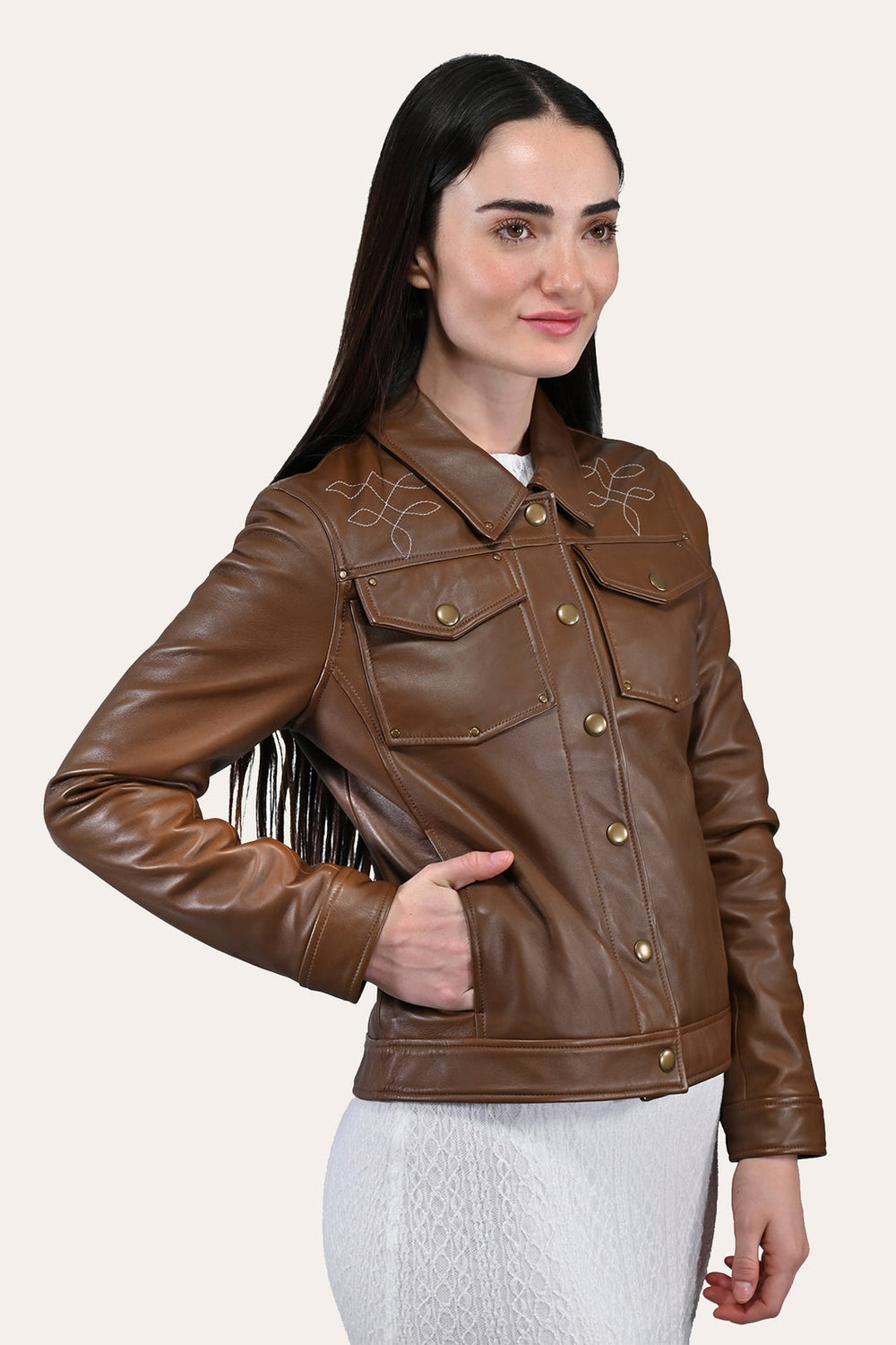 Women’s Medium Brown Callum Trucker Leather Jacket