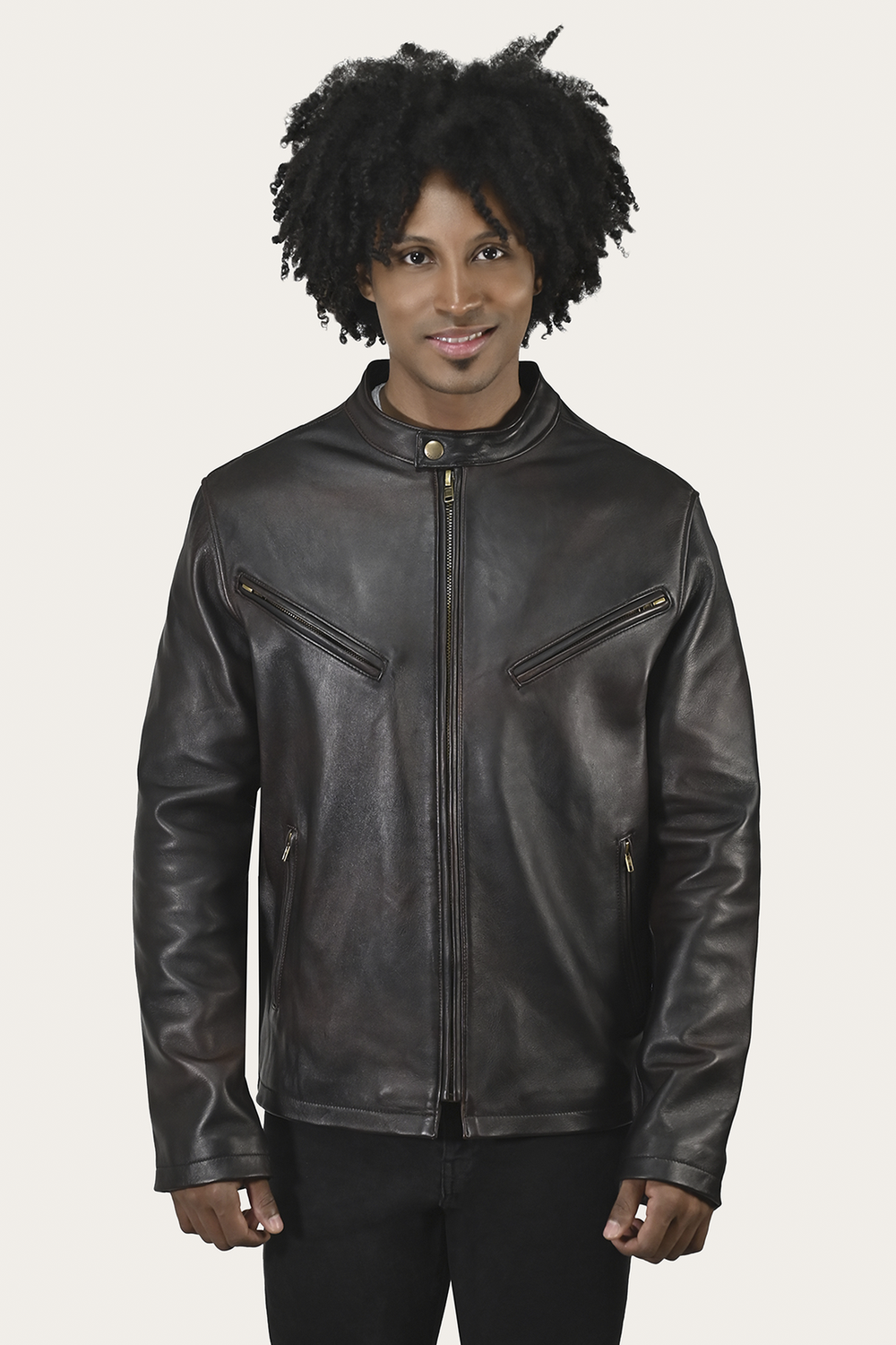 Men’s Cognac Black Huck Cowhide Racer Leather Jacket