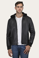 Men’s Black Saddle Racer Leather Hooded Jacket