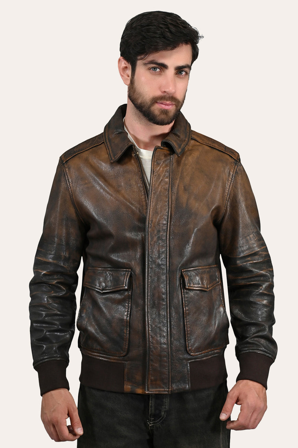 Men’s Brown Beige Nebraska Bomber Leather Jacket