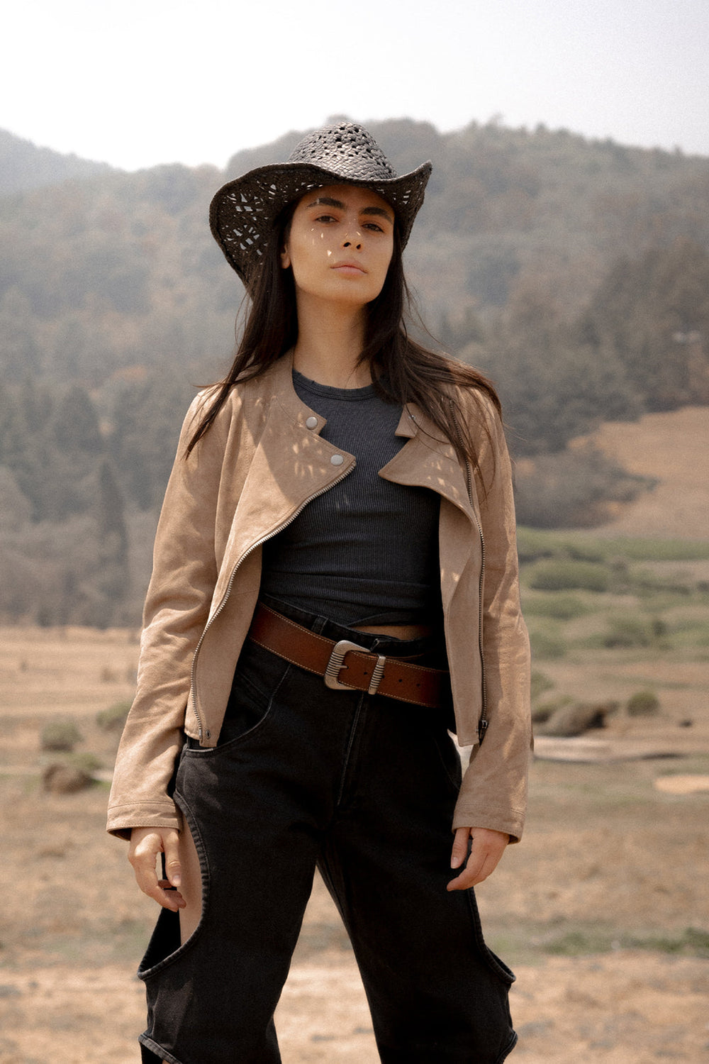 Women’s Taupe Jace Hybrid Biker Racer Suede Jacket