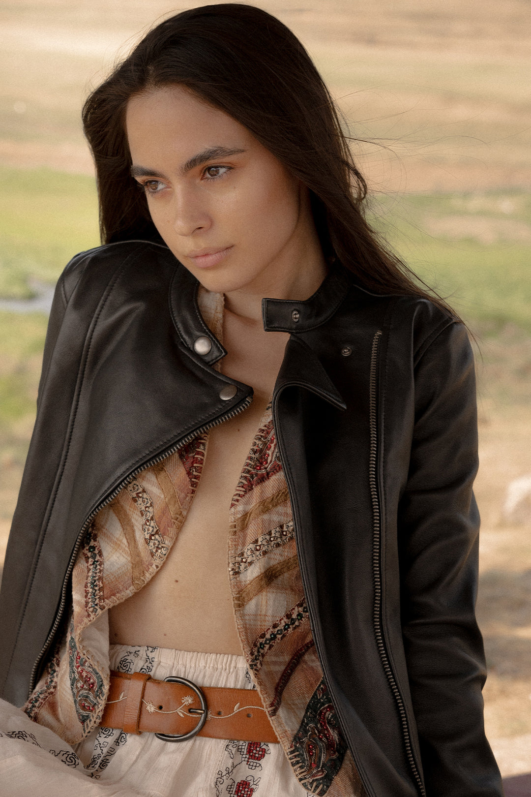 Women’s Black Heathe Leather Racer Jacket