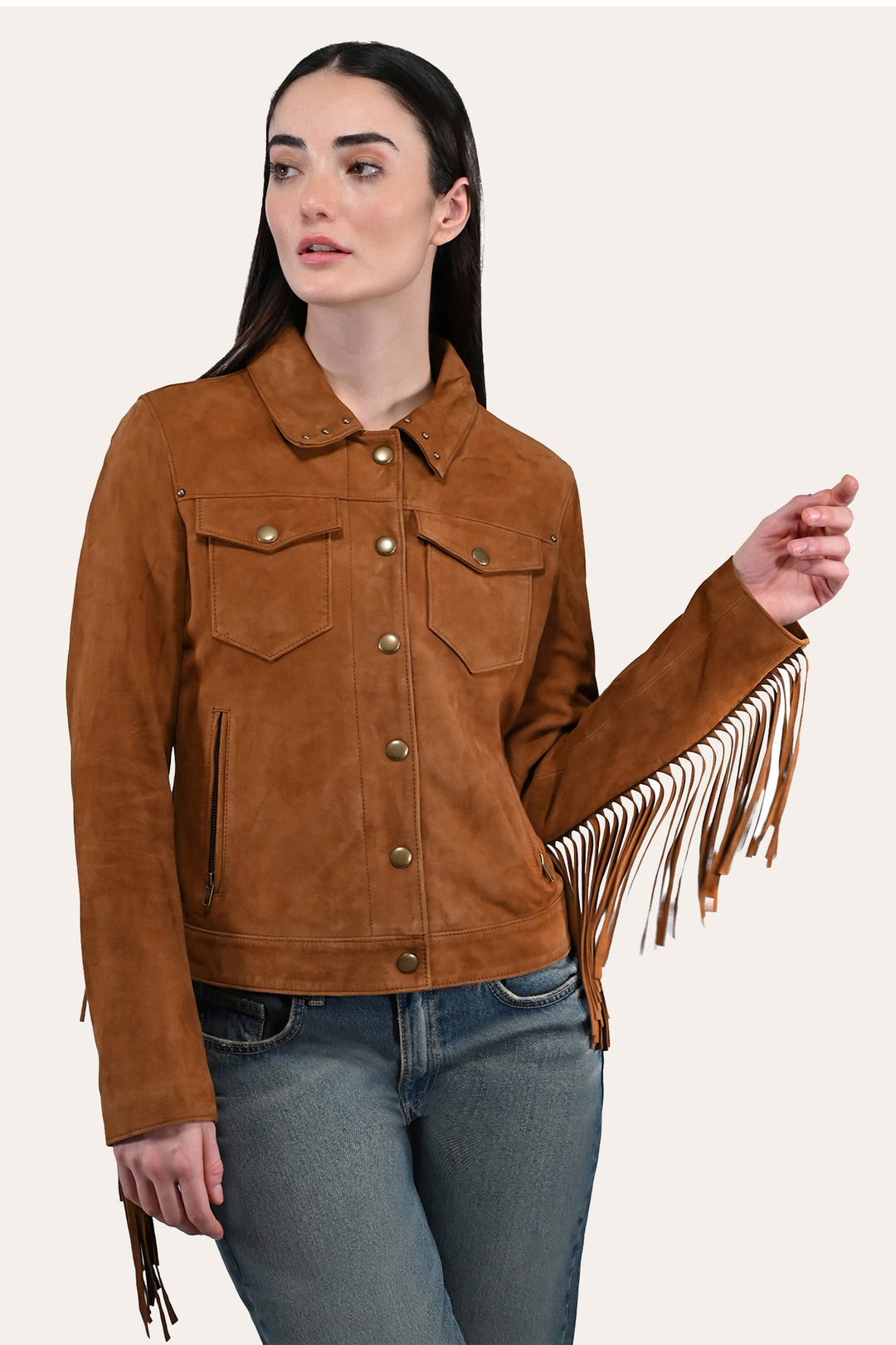 Women’s Medium Brown Nash Fringed Suede Trucker Jacket