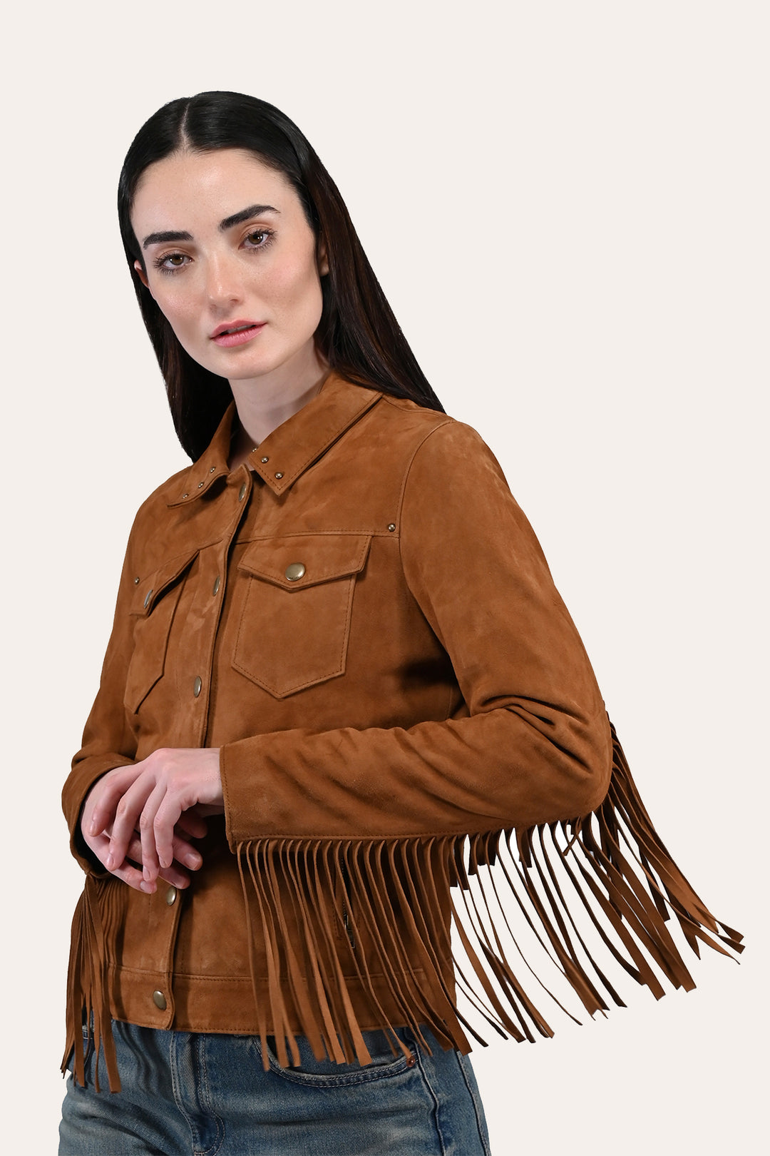 Women’s Medium Brown Nash Fringed Suede Trucker Jacket