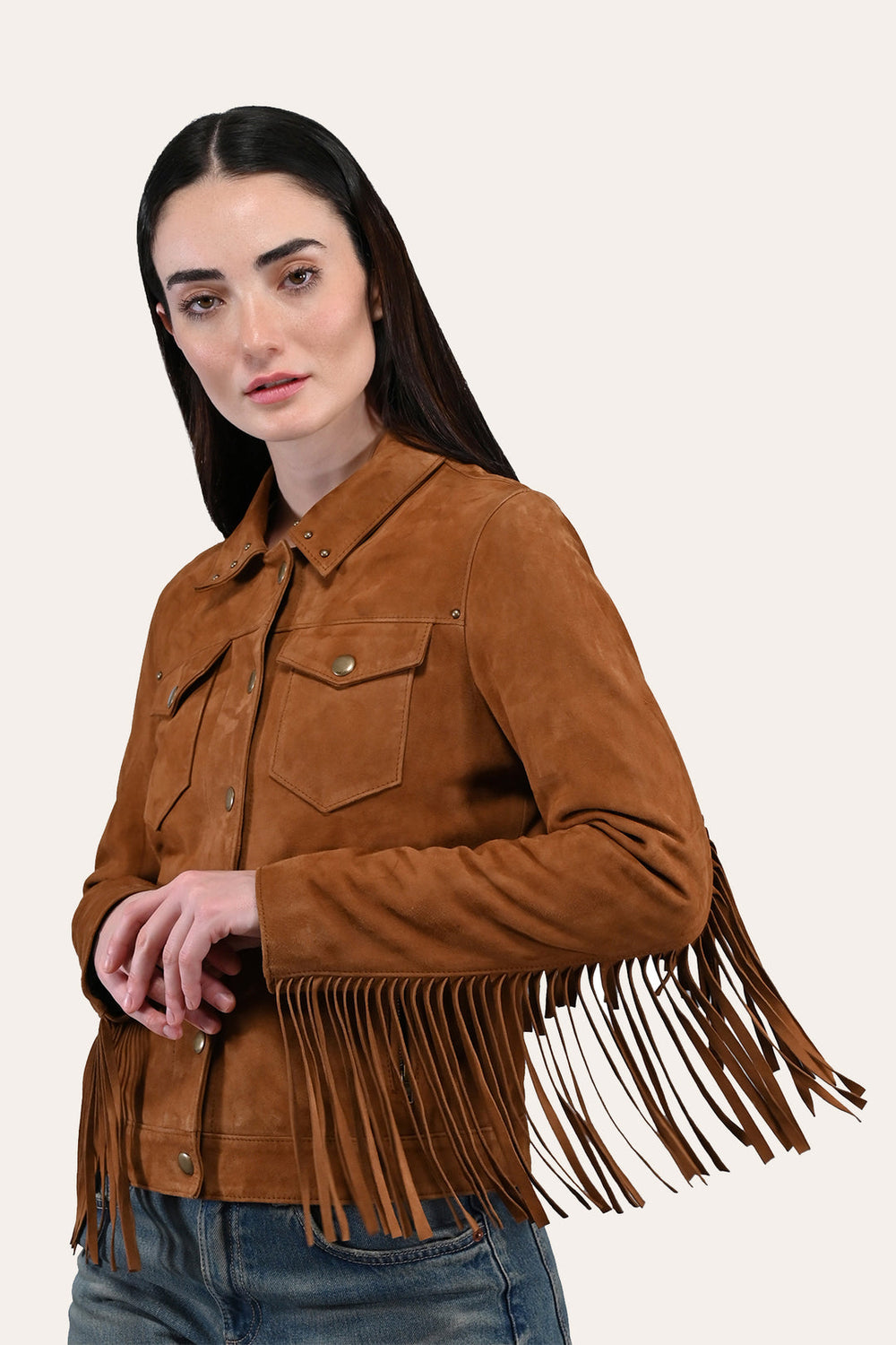 Women’s Medium Brown Nash Fringed Suede Trucker Jacket