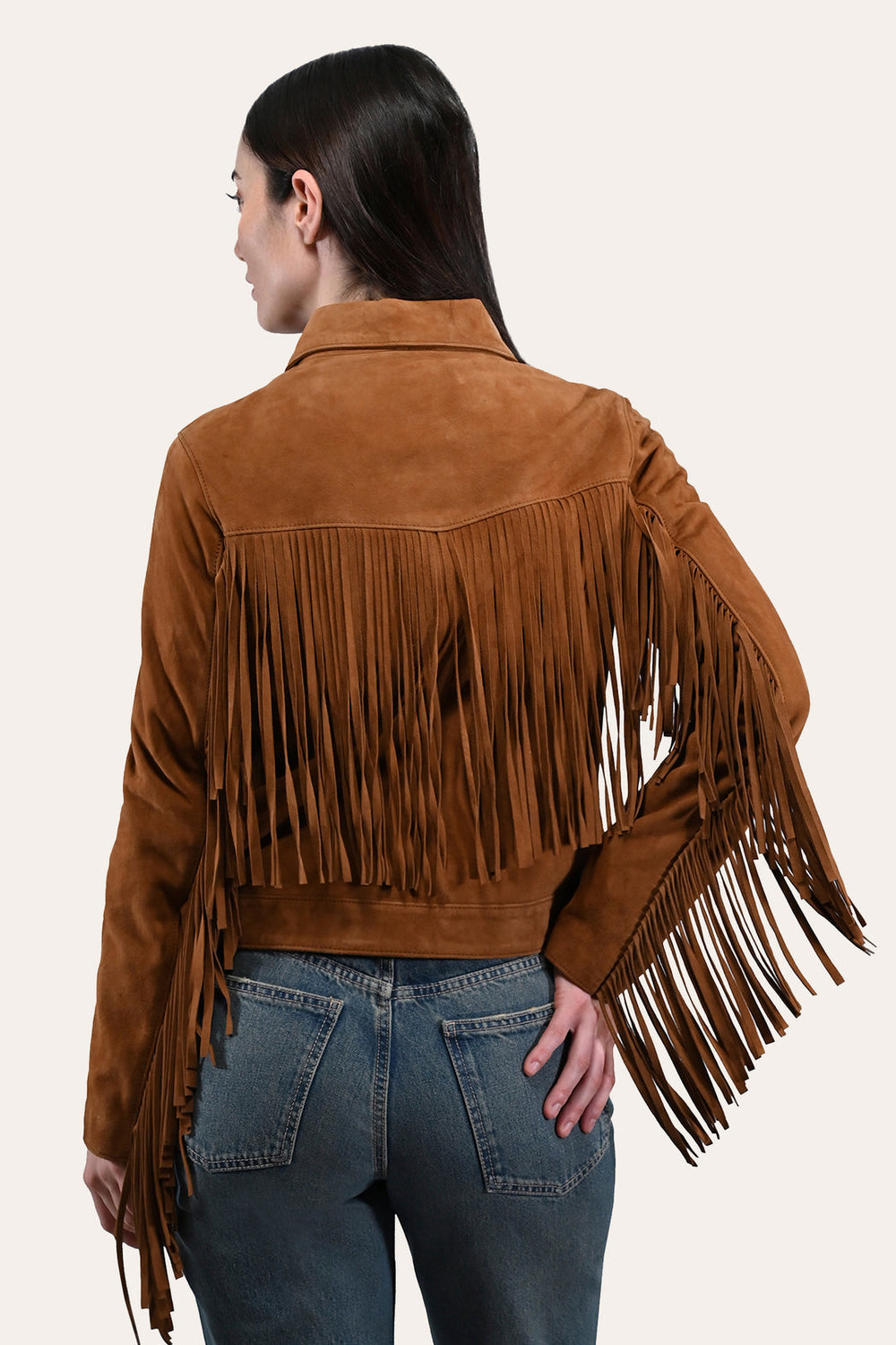 Women’s Medium Brown Nash Fringed Suede Trucker Jacket