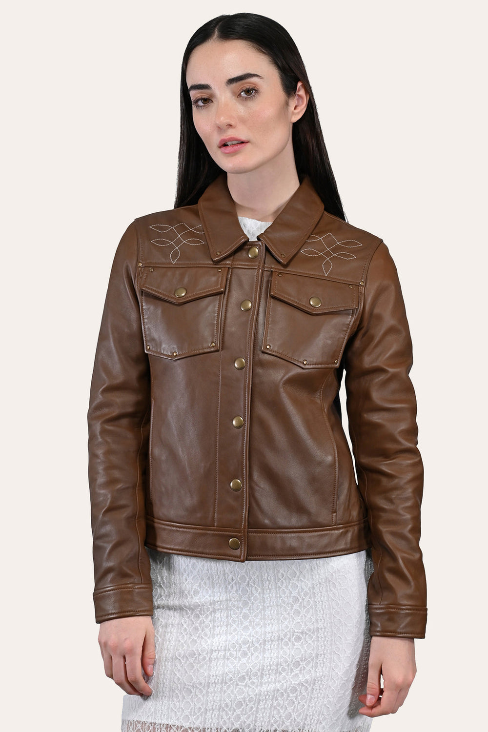 Women’s Medium Brown Callum Trucker Leather Jacket