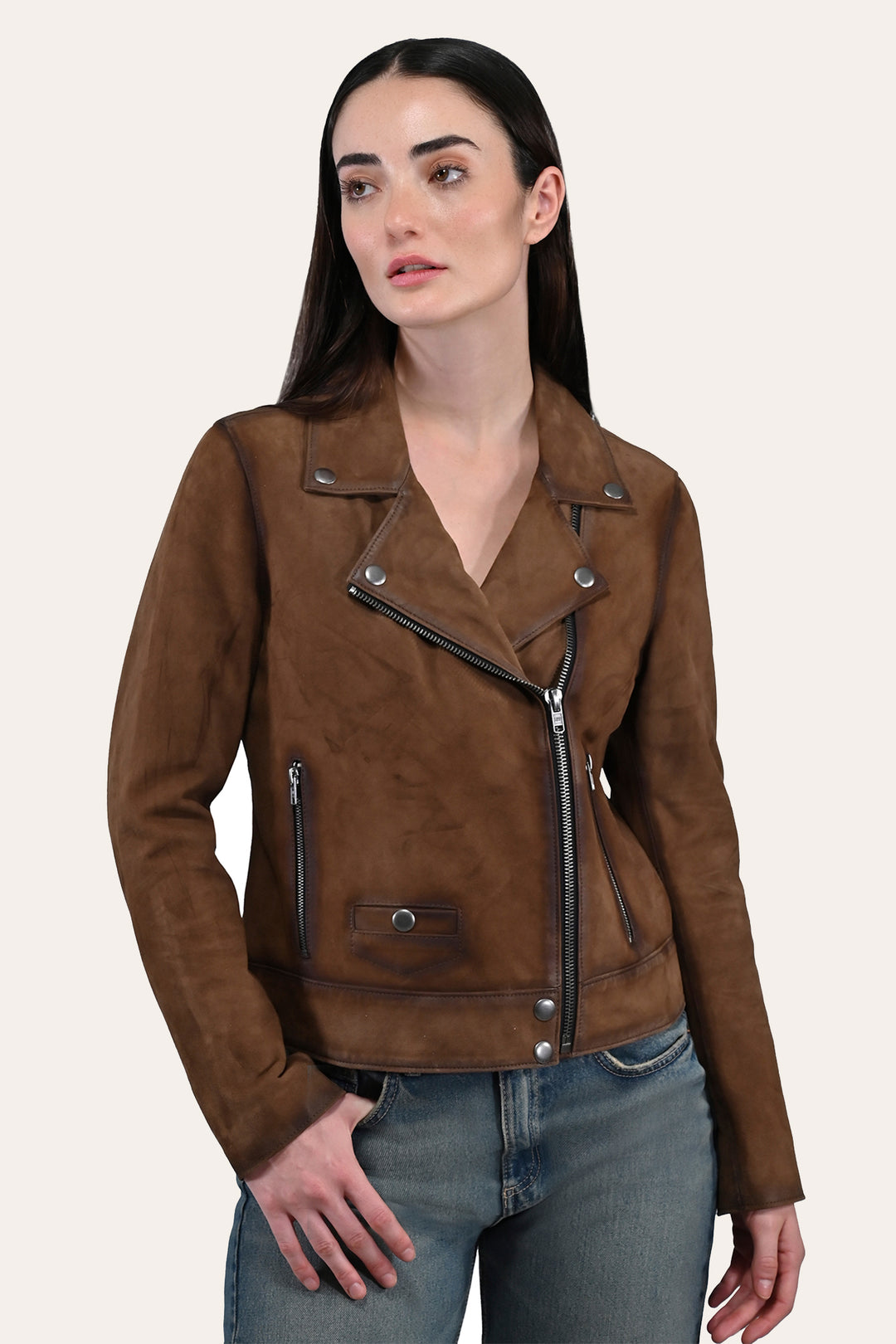 Women’s Dark Taupe Oakley Vintage Suede Biker Jacket