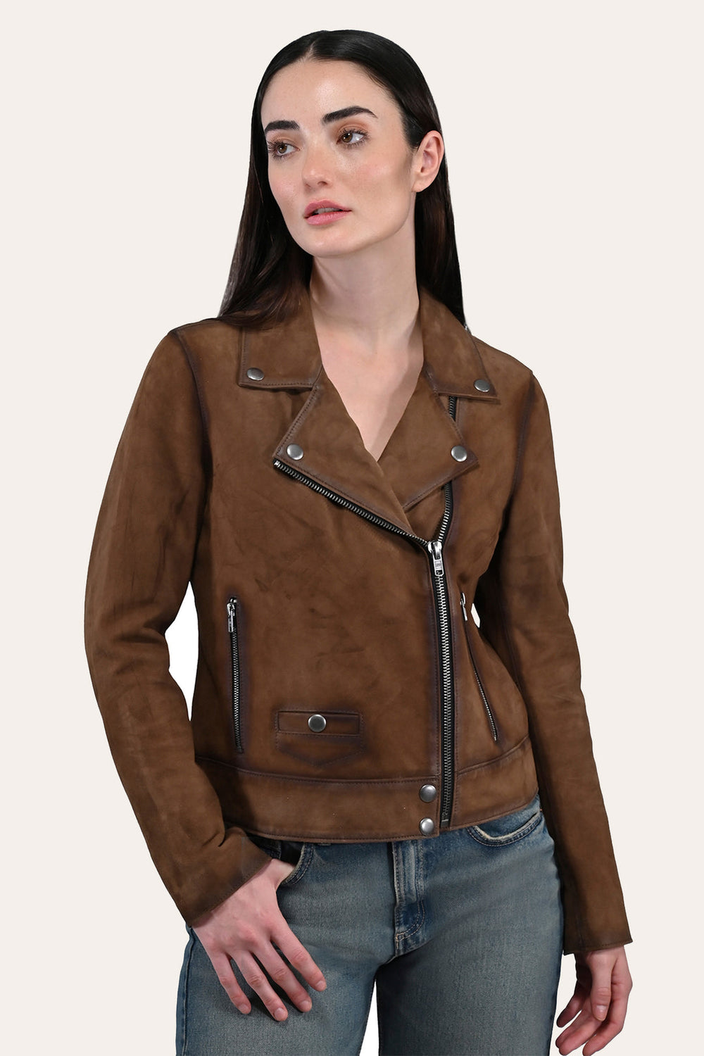 Women’s Dark Taupe Oakley Vintage Suede Biker Jacket