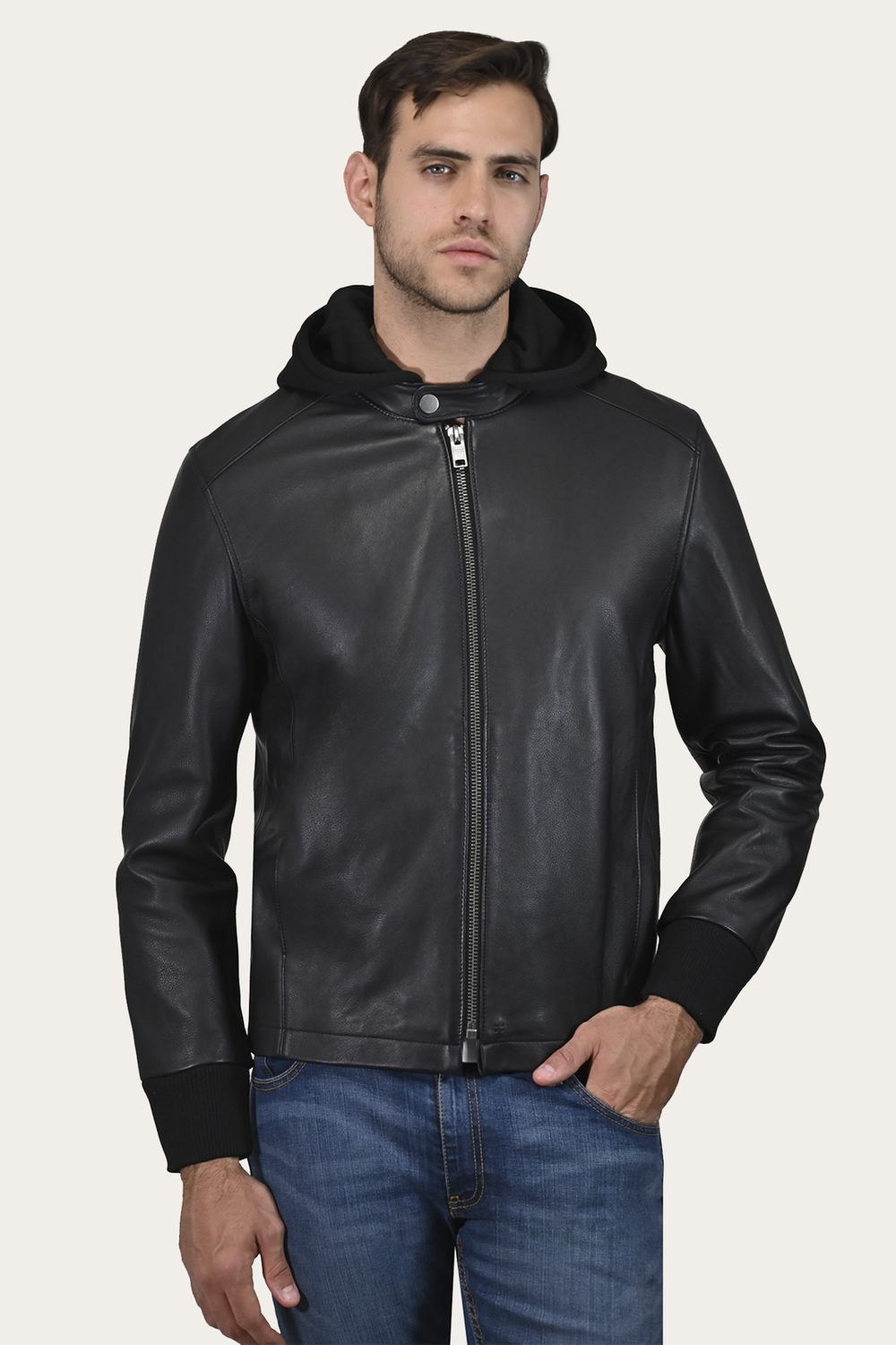 Men’s Black Saddle Racer Leather Hooded Jacket