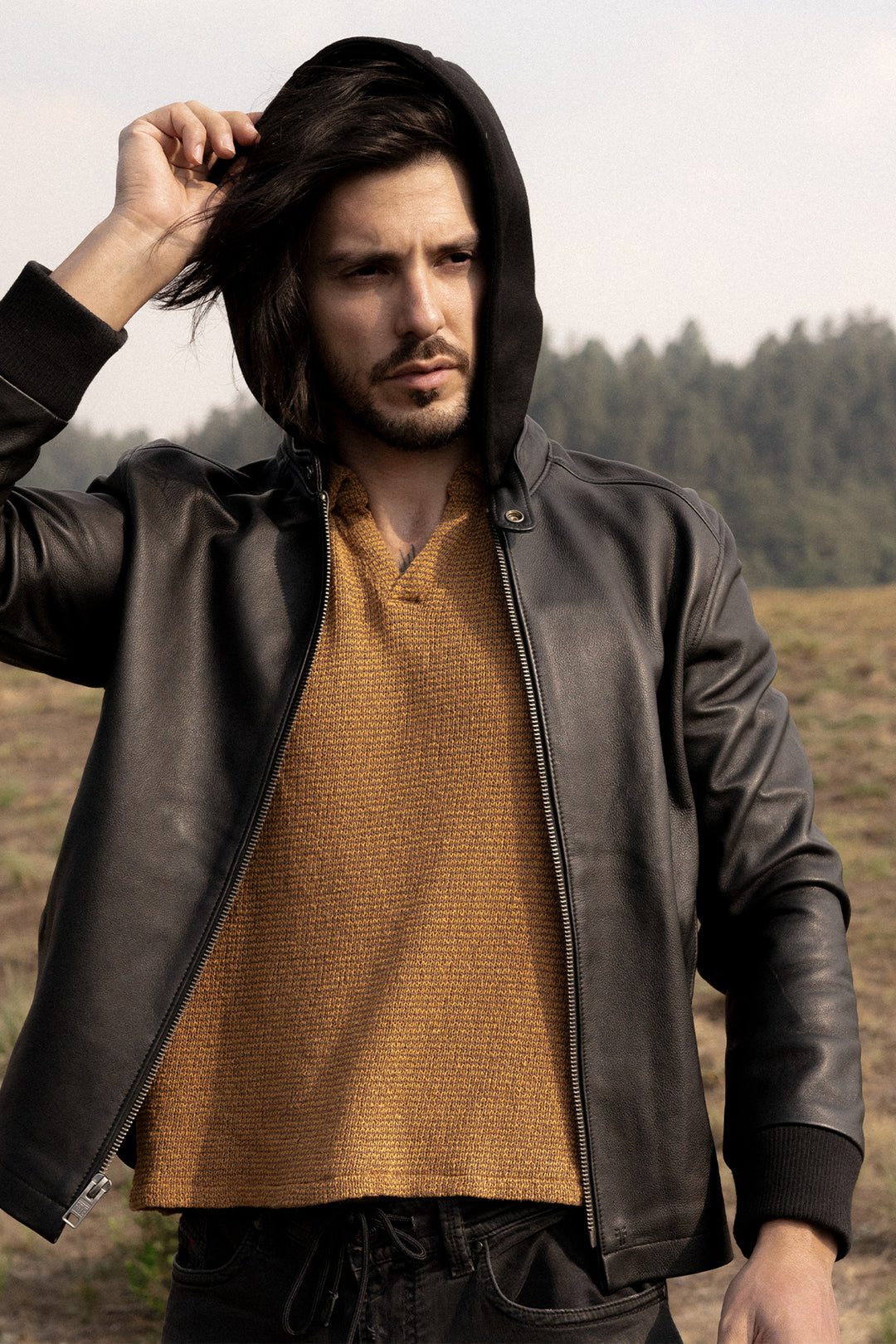 Men’s Black Saddle Racer Leather Hooded Jacket