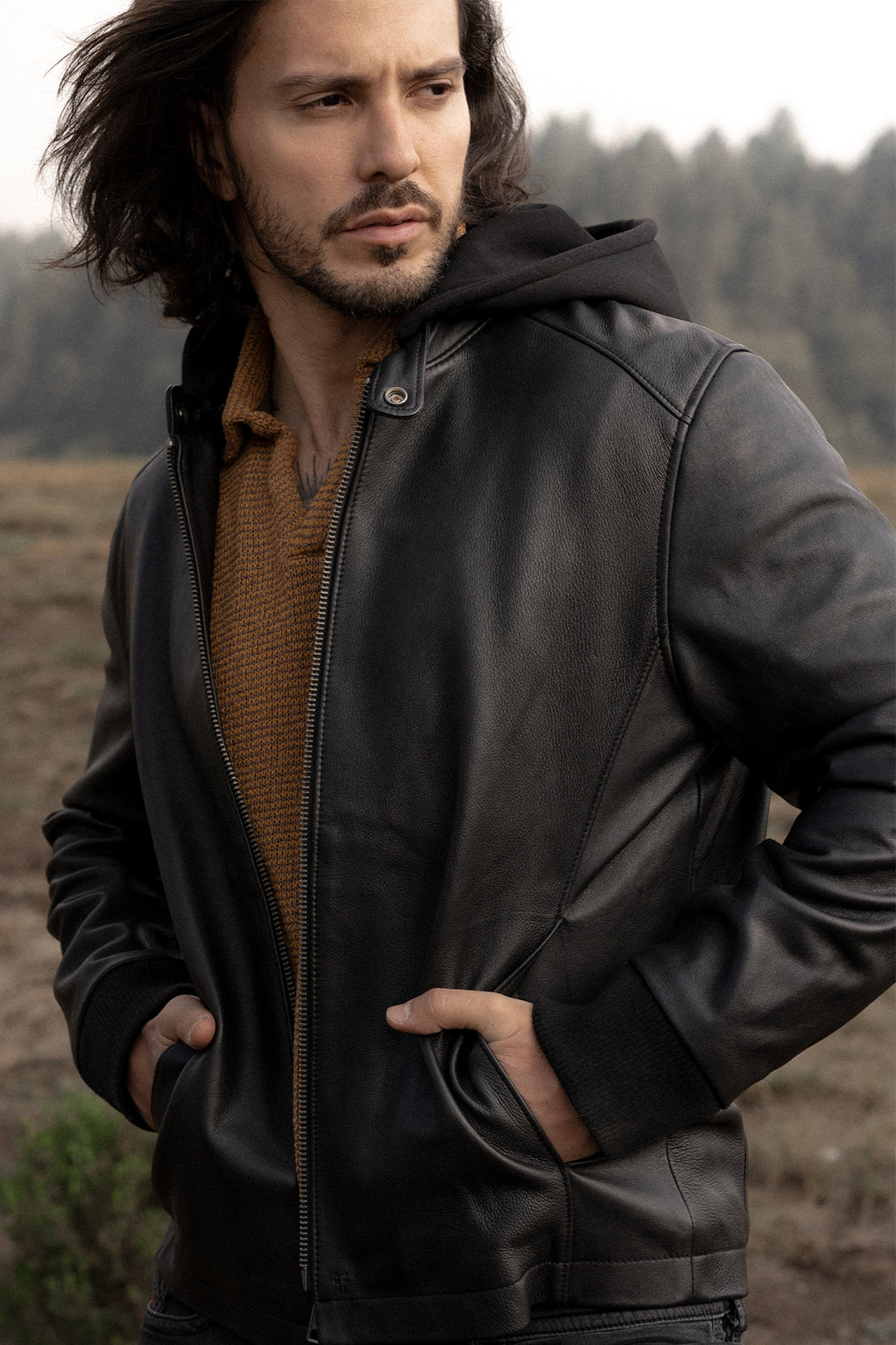 Men’s Black Saddle Racer Leather Hooded Jacket