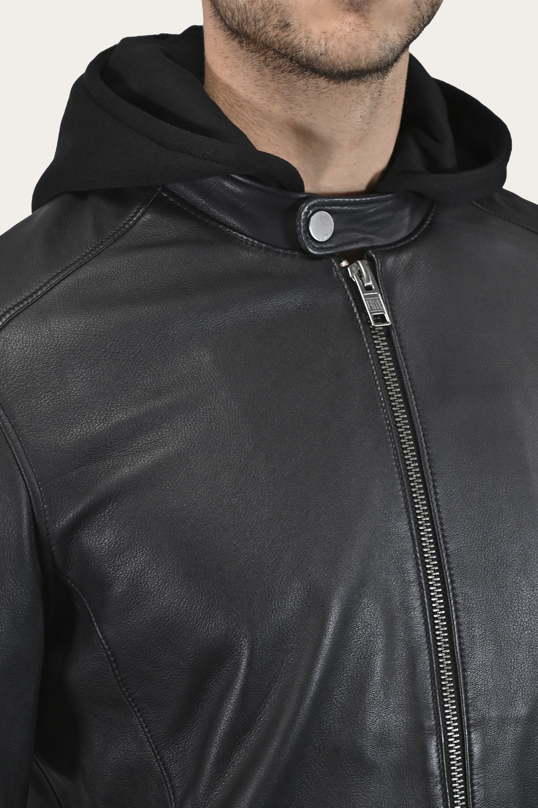 Men’s Black Saddle Racer Leather Hooded Jacket
