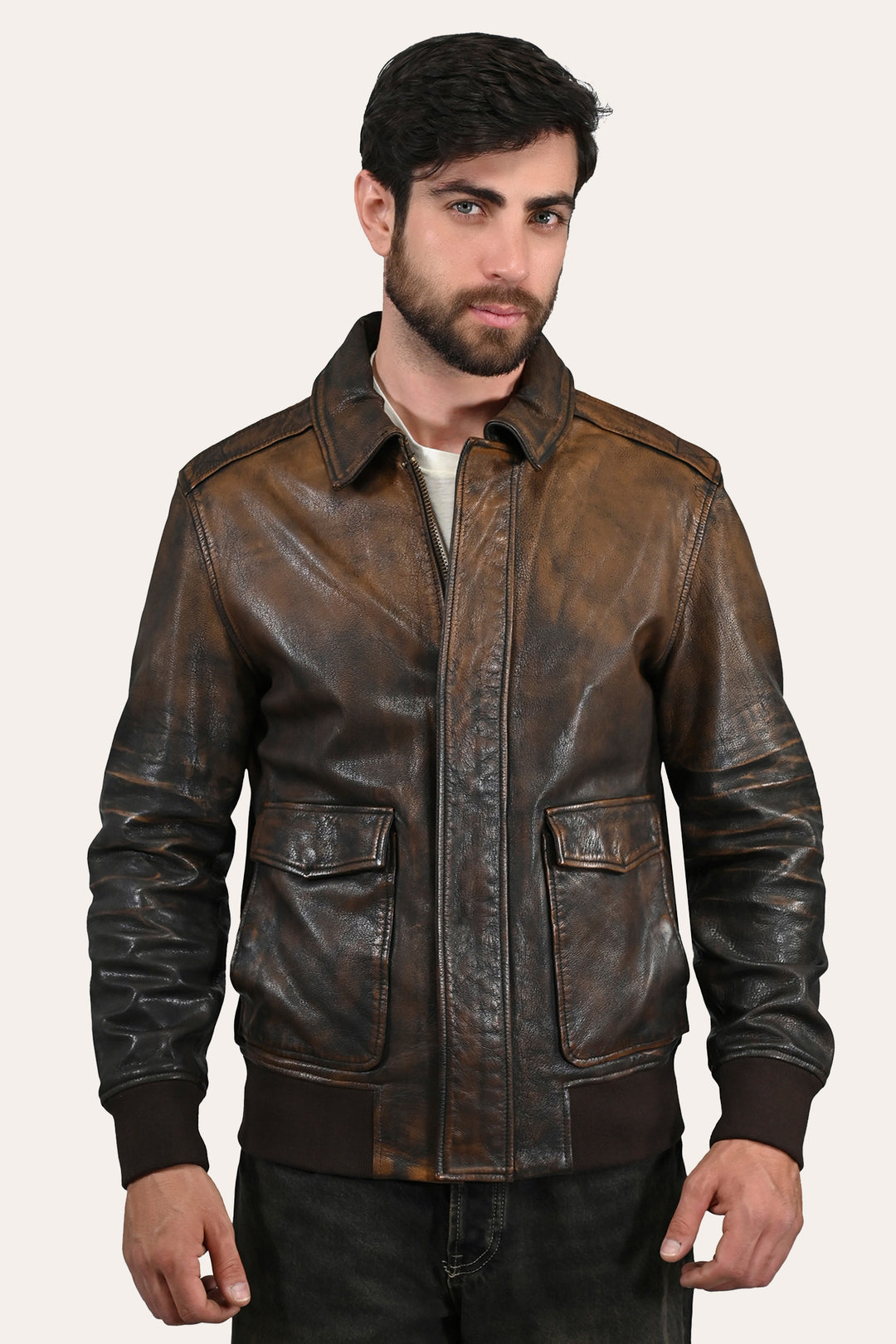 Men’s Brown Beige Nebraska Bomber Leather Jacket